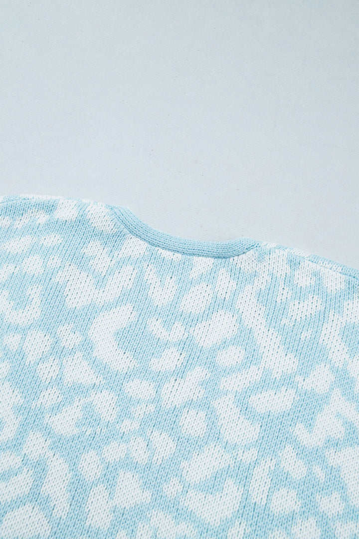 Light Blue Leopard Print V Neck Long Sleeve Loose Fit Knit Cardigan