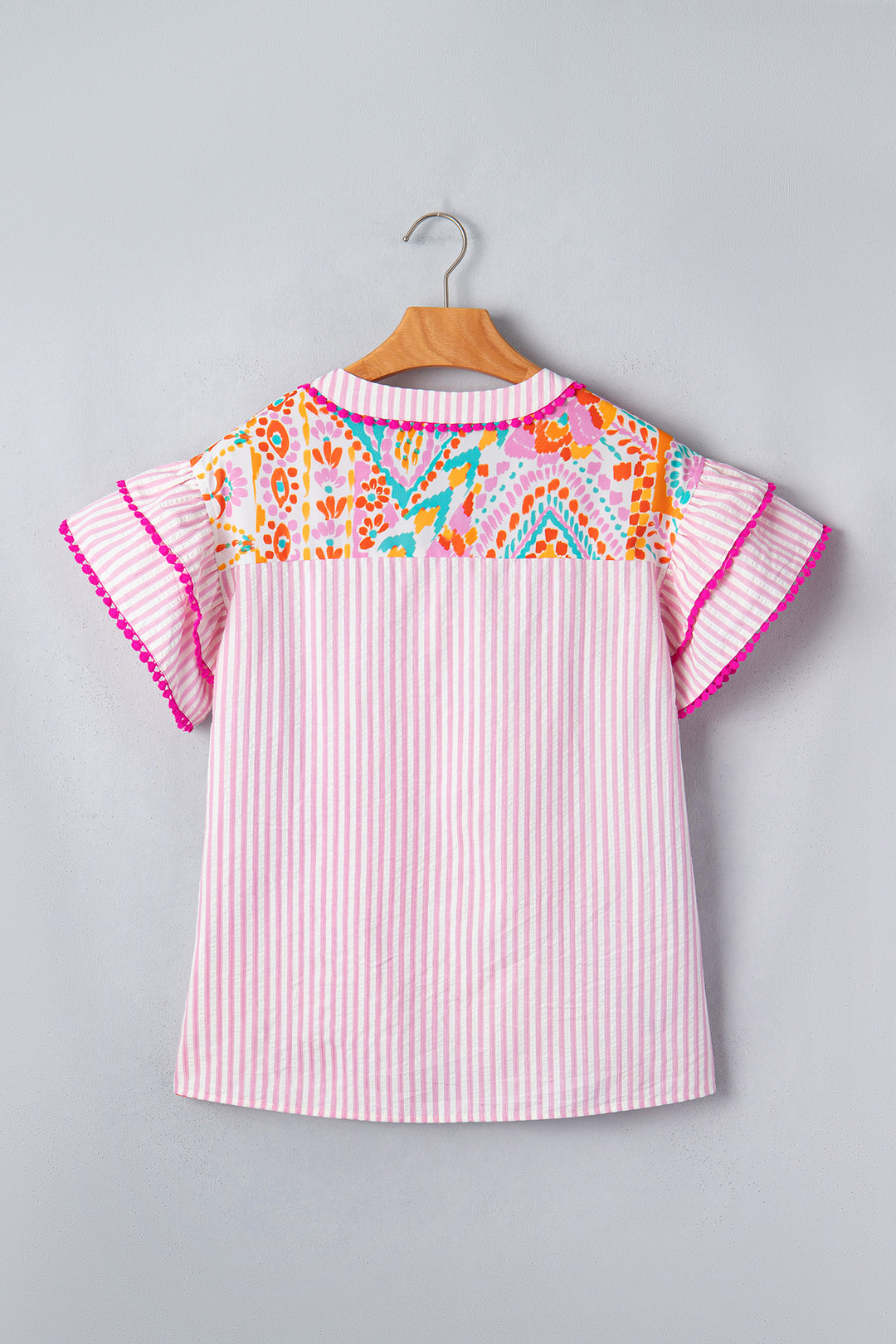 Rose Boho Mixed Print Contrast Trim Striped Patchwork Tiered Short Sleeve Blouse