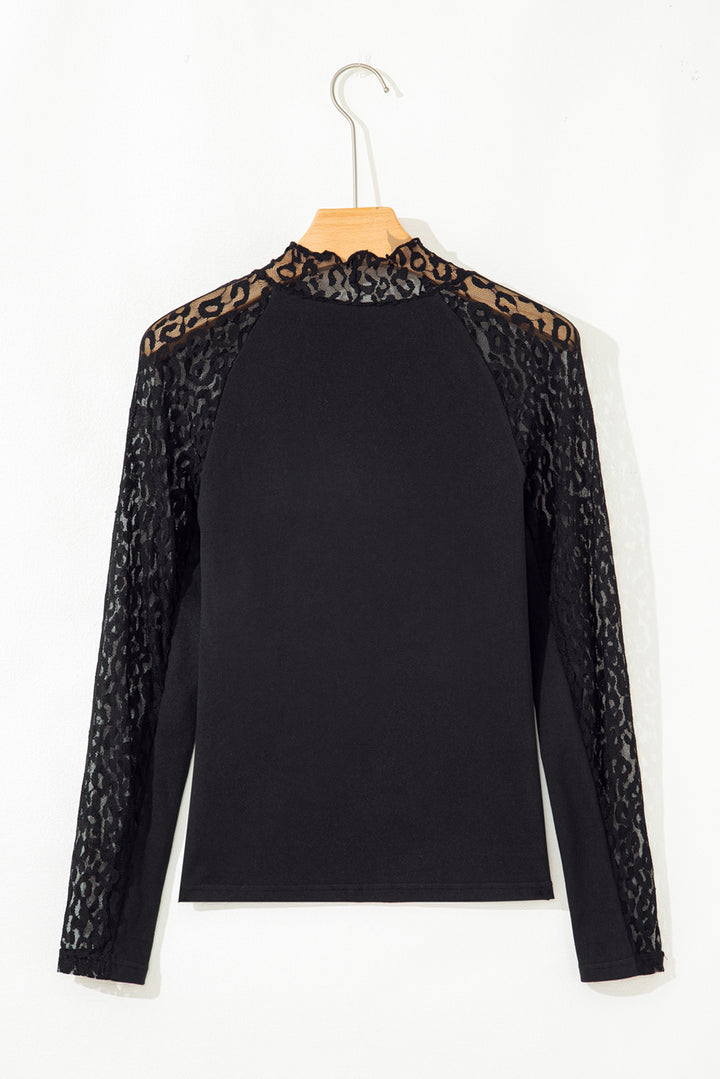 Black Leopard Mesh Patchwork Knit Long Sleeve Top