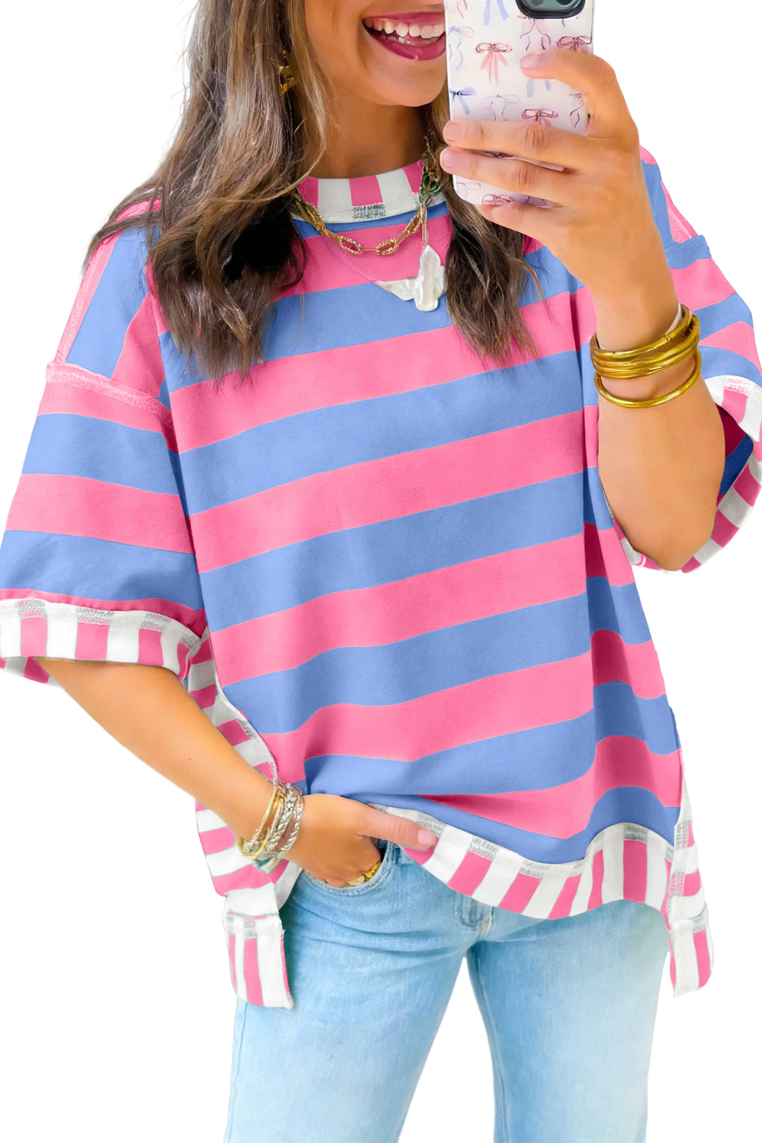 Pink Stripe Exposed Seam Contrast Patchwork Oversized Top