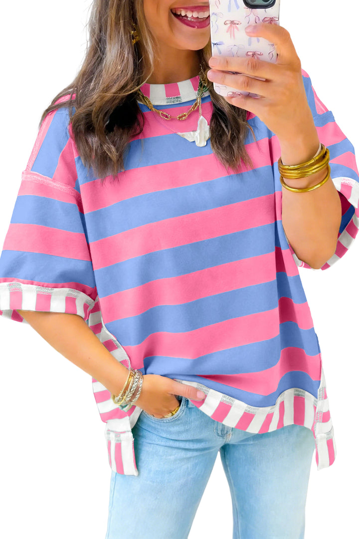 Pink Stripe Exposed Seam Contrast Patchwork Oversized Top
