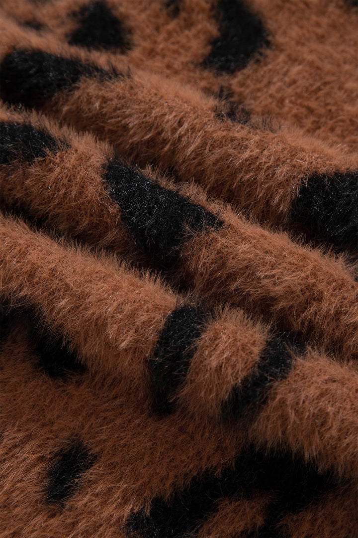 Coffee Western Leopard Zebra Print Long Sleeve Round Neck Sweater