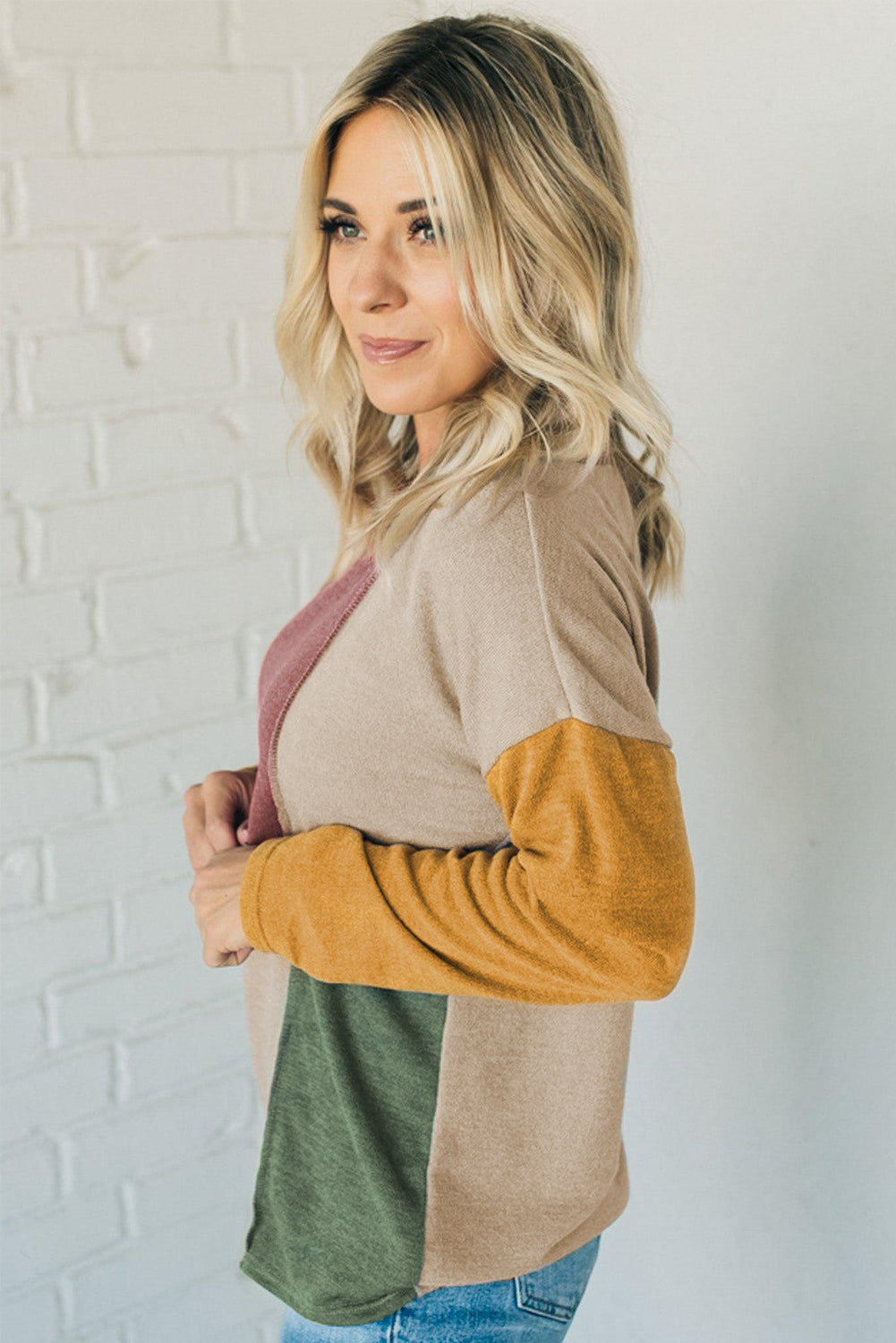 Light French Beige Exposed Seam Colorblock Knit Long Sleeve Top