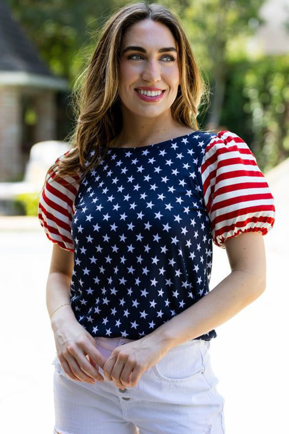 Navy Blue 4th Of July Stars Stripes Puff Sleeve T Shirt