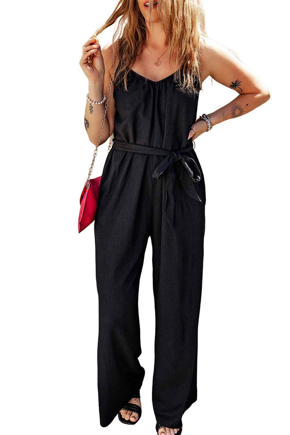 Black Textured Belted Wide Leg Sleeveless Jumpsuit