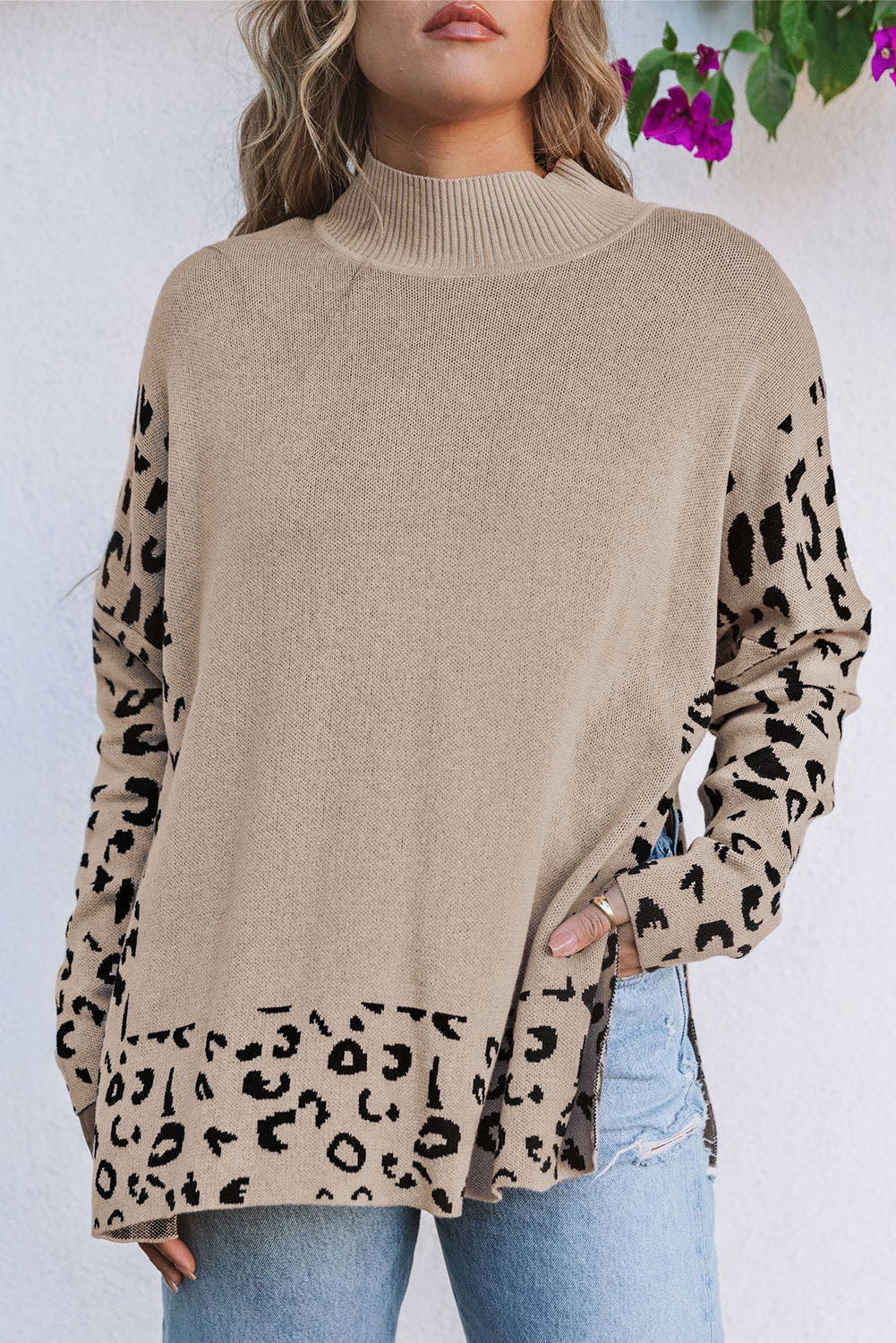 Sarai Leopard High Neck Side Slit Oversized Sweater