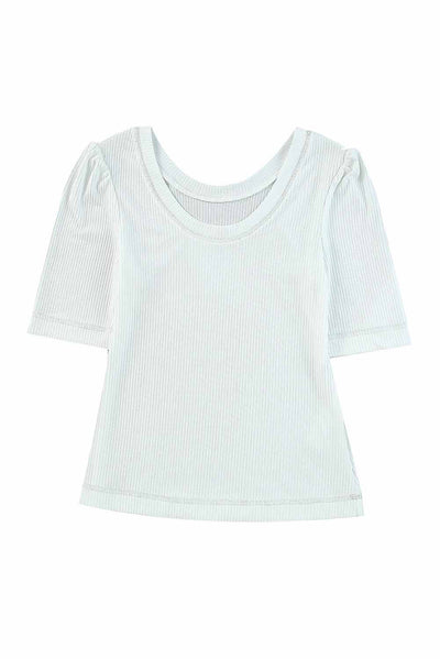 White Round Neck Half Sleeve Ribbed Knit Top