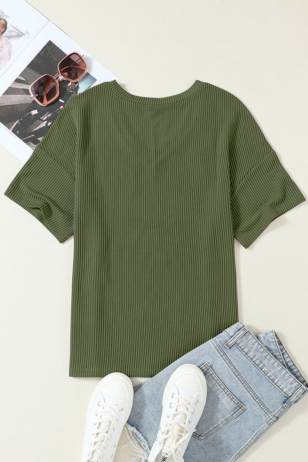 Jungle Green Corded V Neck Chest Pocket Loose T-shirt