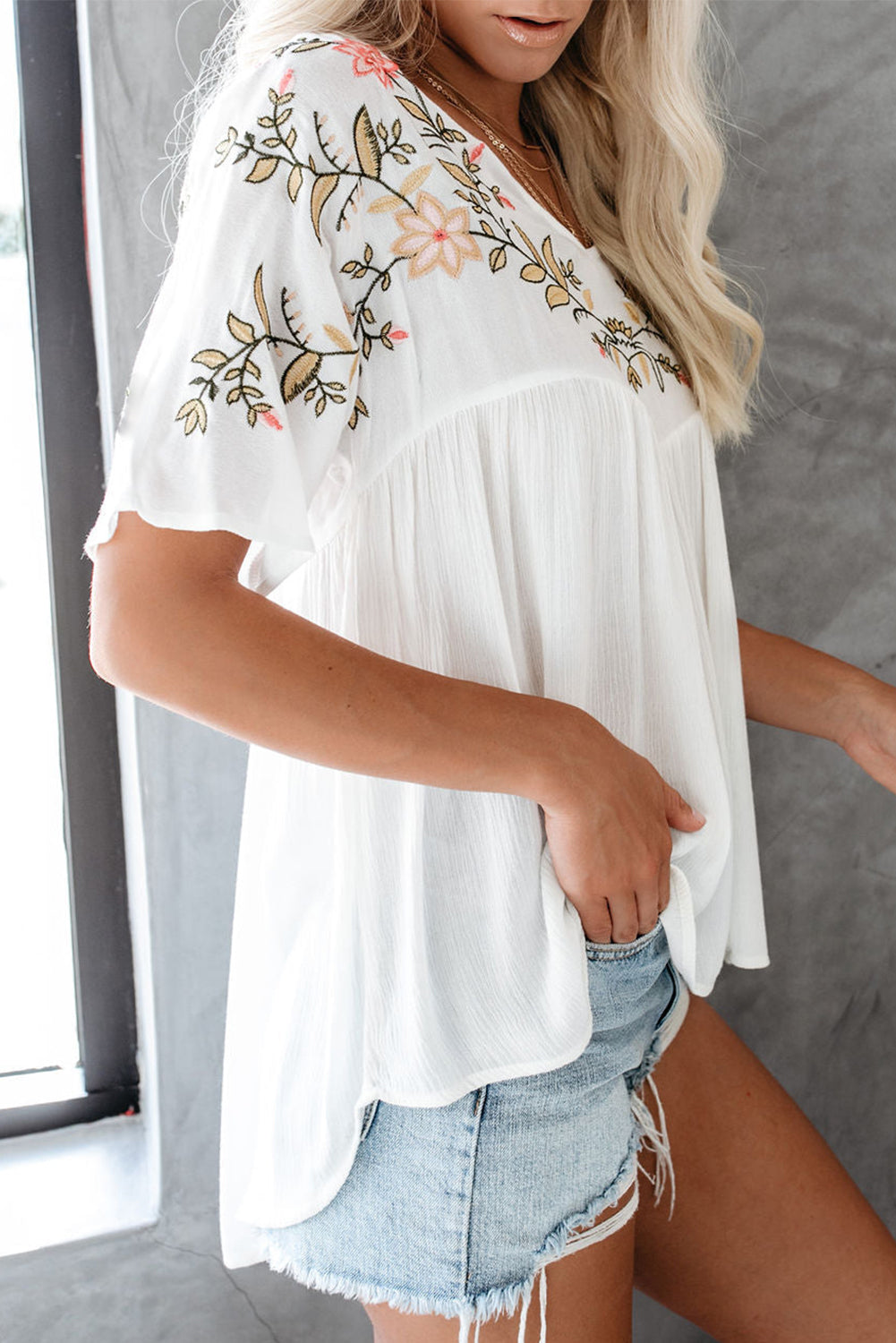 White Floral Embroidered V Neck Crinkle Babydoll Blouse