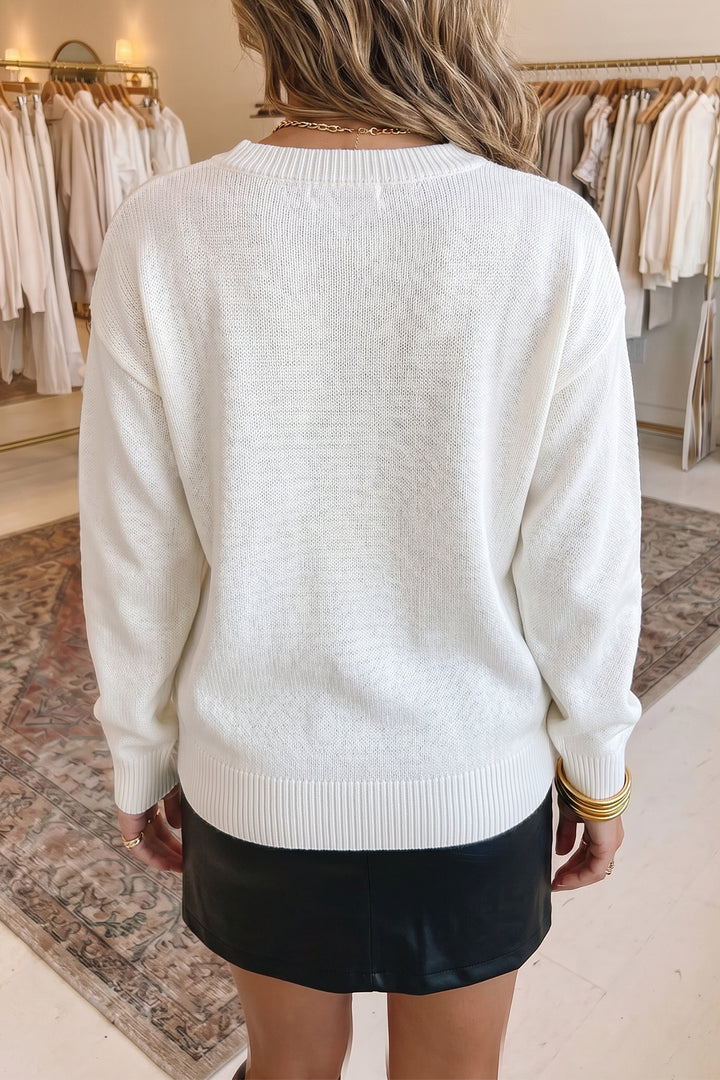 White Retro Flying Mallard Pattern Drop Shoulder Pullover Sweater