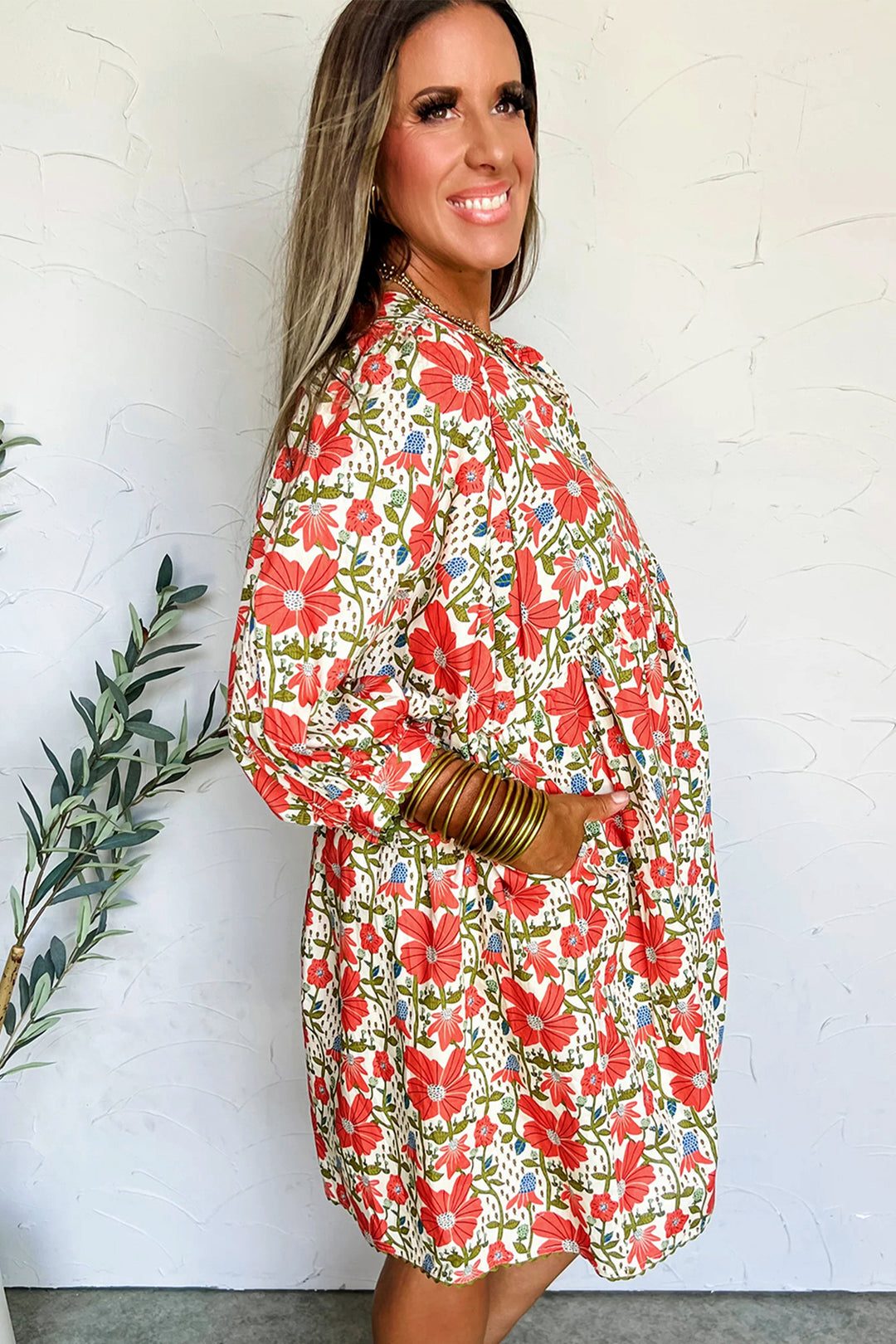 Red Floral Print Ricrac Trim V Neck 3/4 Sleeve Loose Mini Dress