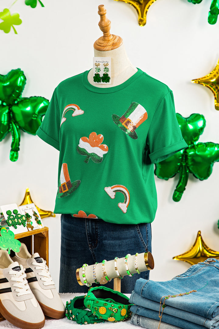 Bright Green St Patricks Day Elements Sequin Graphic Tee