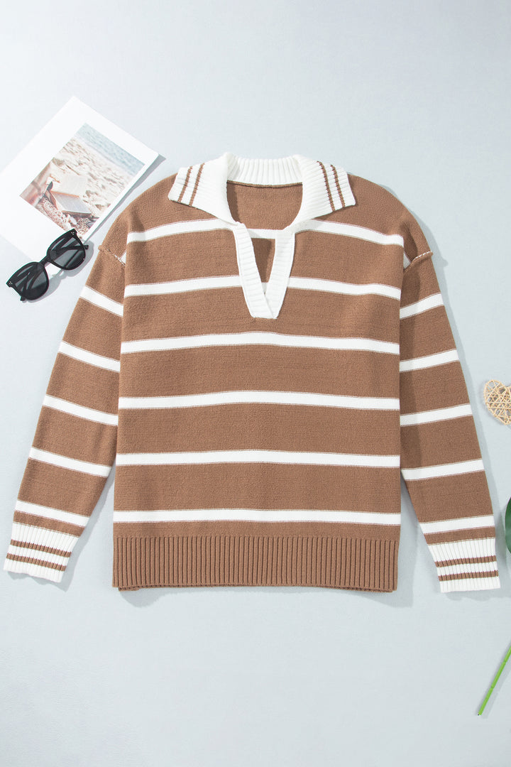 Brown Stripe Striped V Neck Long Sleeve Shift Plus Size Sweater