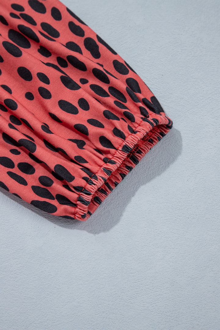 Red Leopard Print Long Sleeve V Neck Plus Size Midi Dress