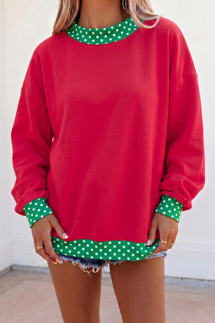 Red Colorblock Polka Dot Contrast Trim Oversized Sweatshirt
