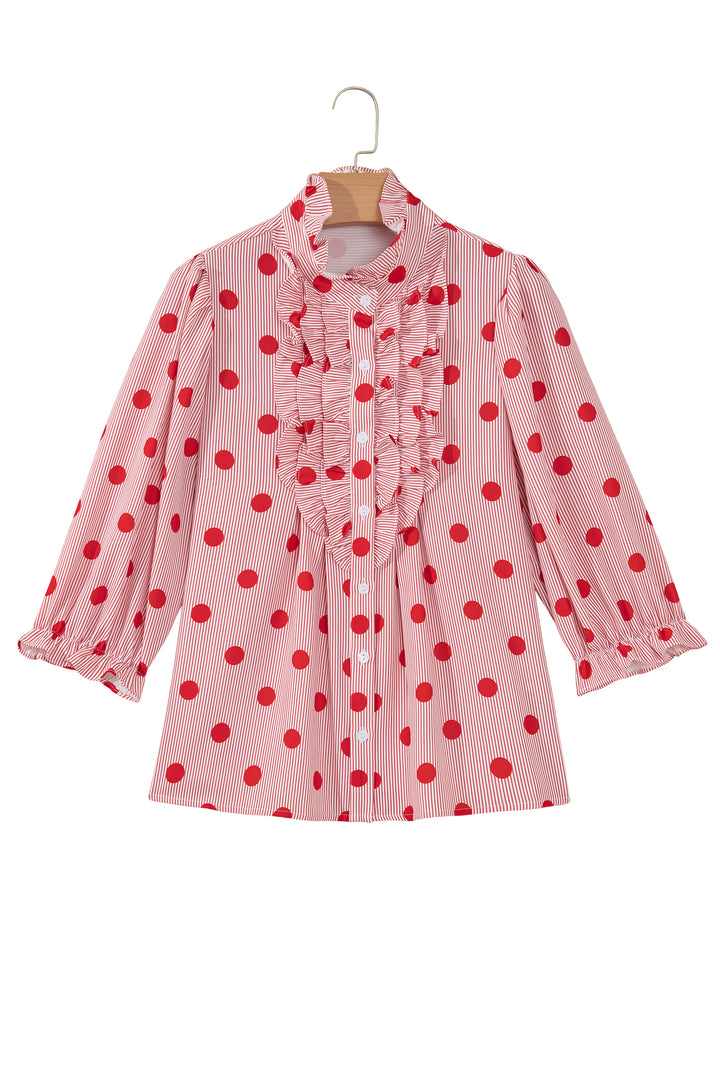 Black white Polka Dot Striped Print Ruffle Stand Neck 3/4 Sleeve Shift Shirt
