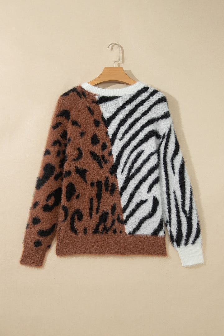 Coffee Western Leopard Zebra Print Long Sleeve Round Neck Sweater