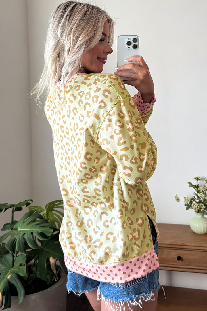 Khaki Leopard Polka Dot Colorblock Trim Long Sleeve Top