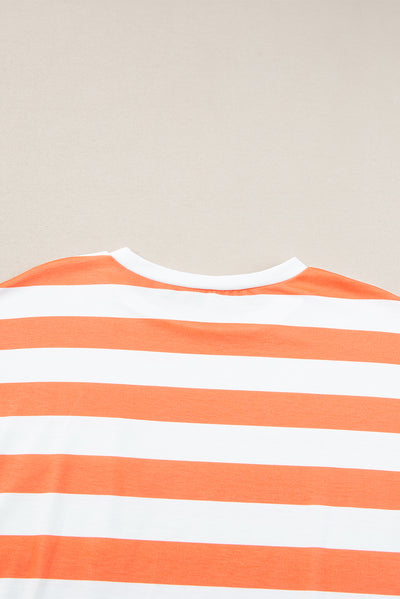 Orange Stripe Contrast Patch Pocket Drop Sleeve T Shirt