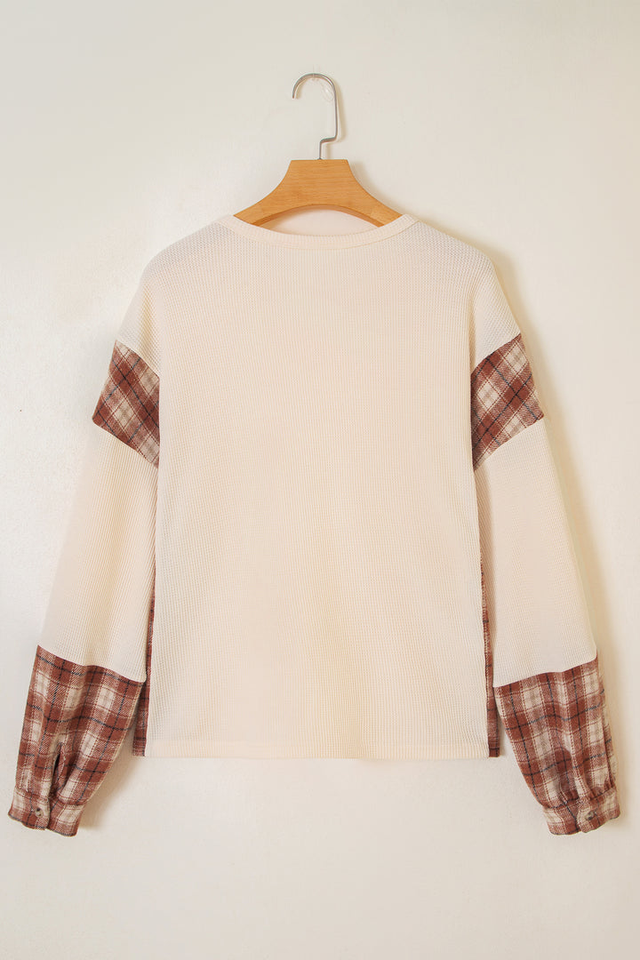 Beige Waffle Textured V Neck Plaid Colorblock Drop Shoulder Long Sleeve Top