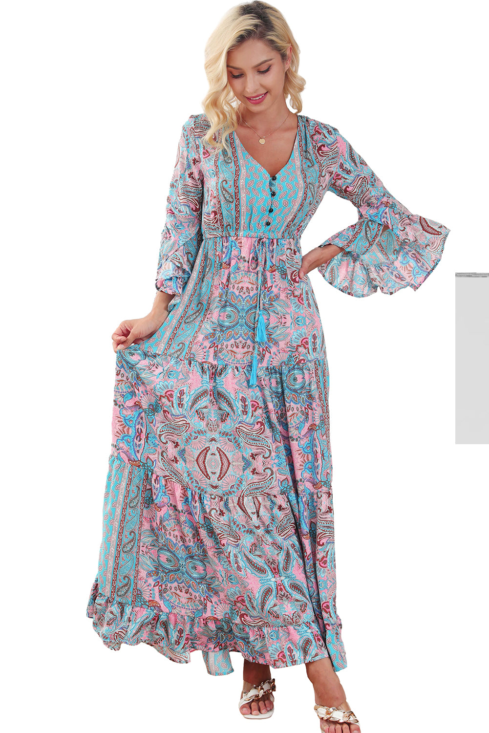 Paisley Printed Ruffle Trim Elegant Maxi Dress