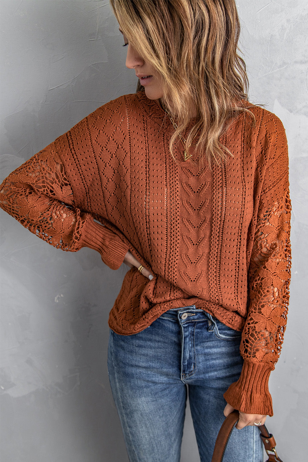 Brown Crochet Lace Pointelle Knit Sweater