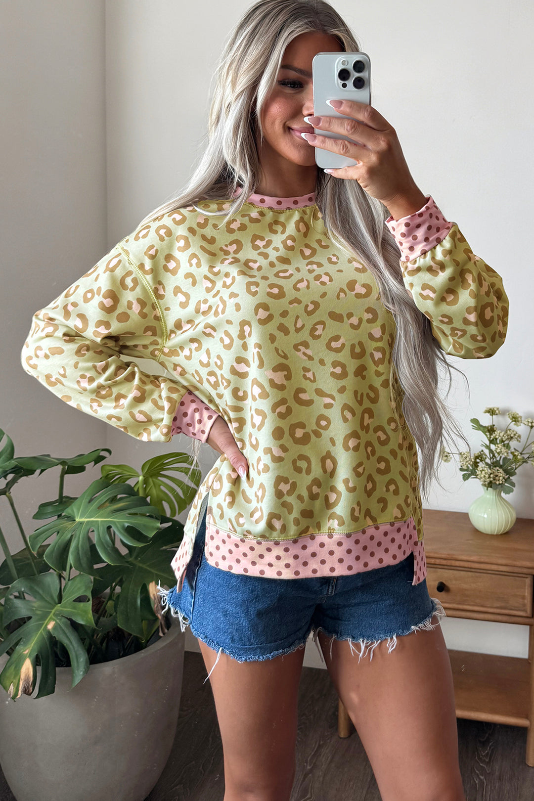 Khaki Leopard Polka Dot Colorblock Trim Long Sleeve Top