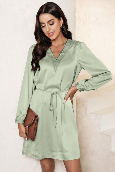 Green Lace Trim V Neck Tie Waist Long Sleeve Dress