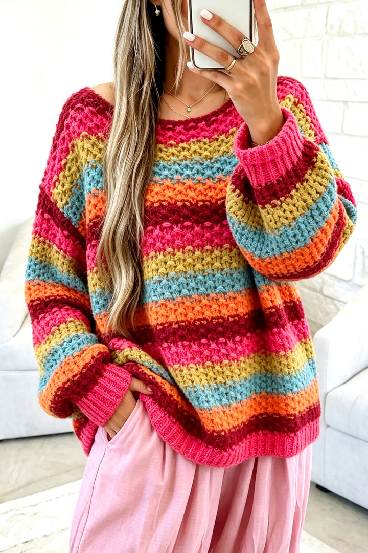 Rose Red Crochet Striped Knit Oversize Sweater
