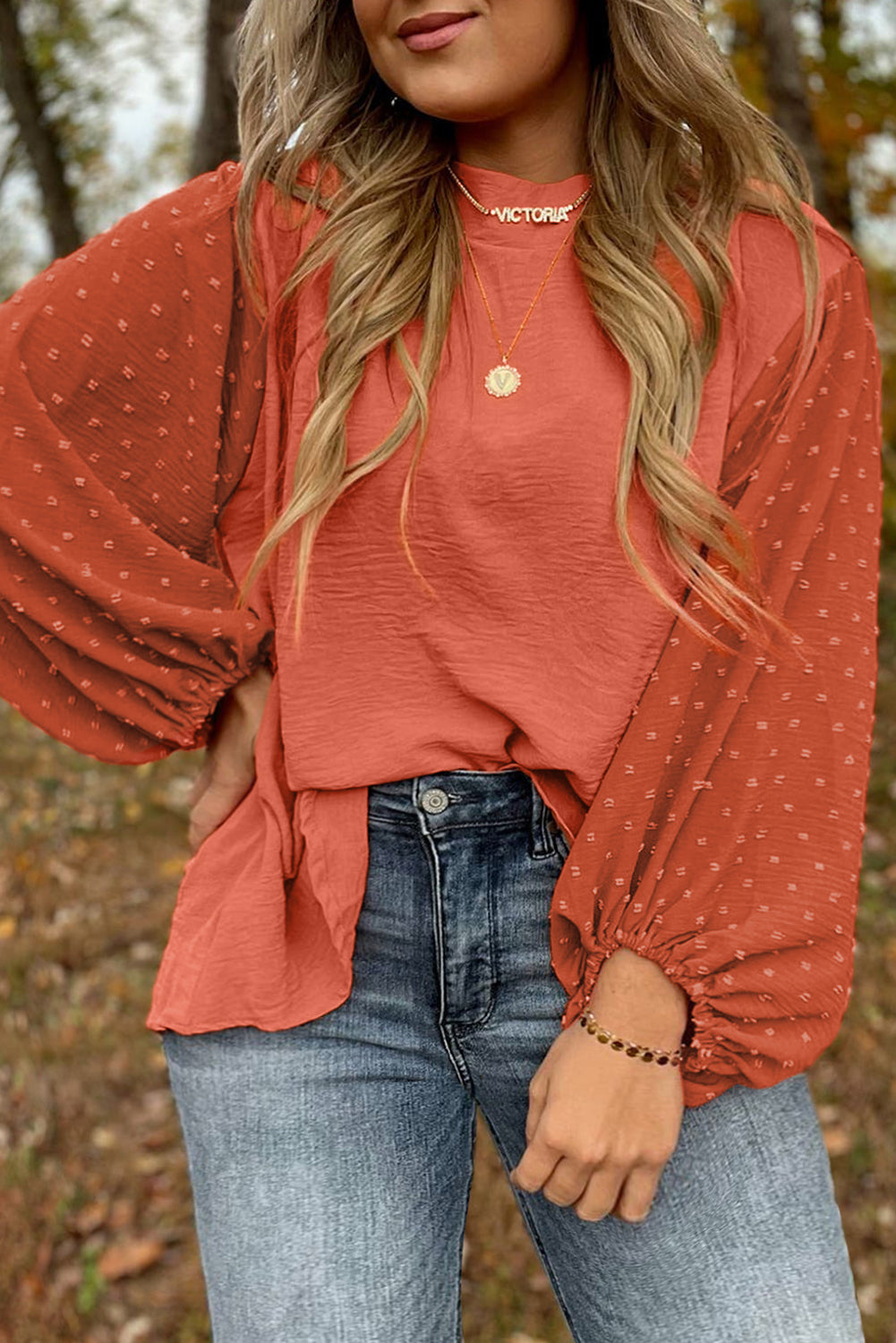 Russet Orange Swiss Dot Balloon Sleeve Loose Blouse