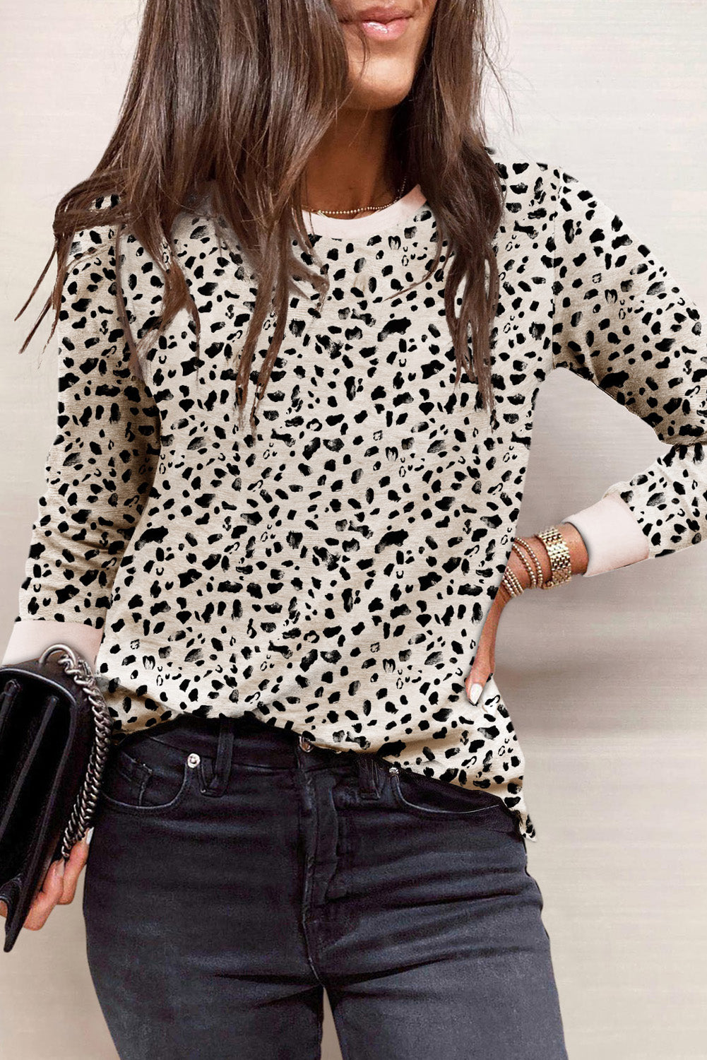 Apricot Animal Spotted Print Round Neck Long Sleeve Top