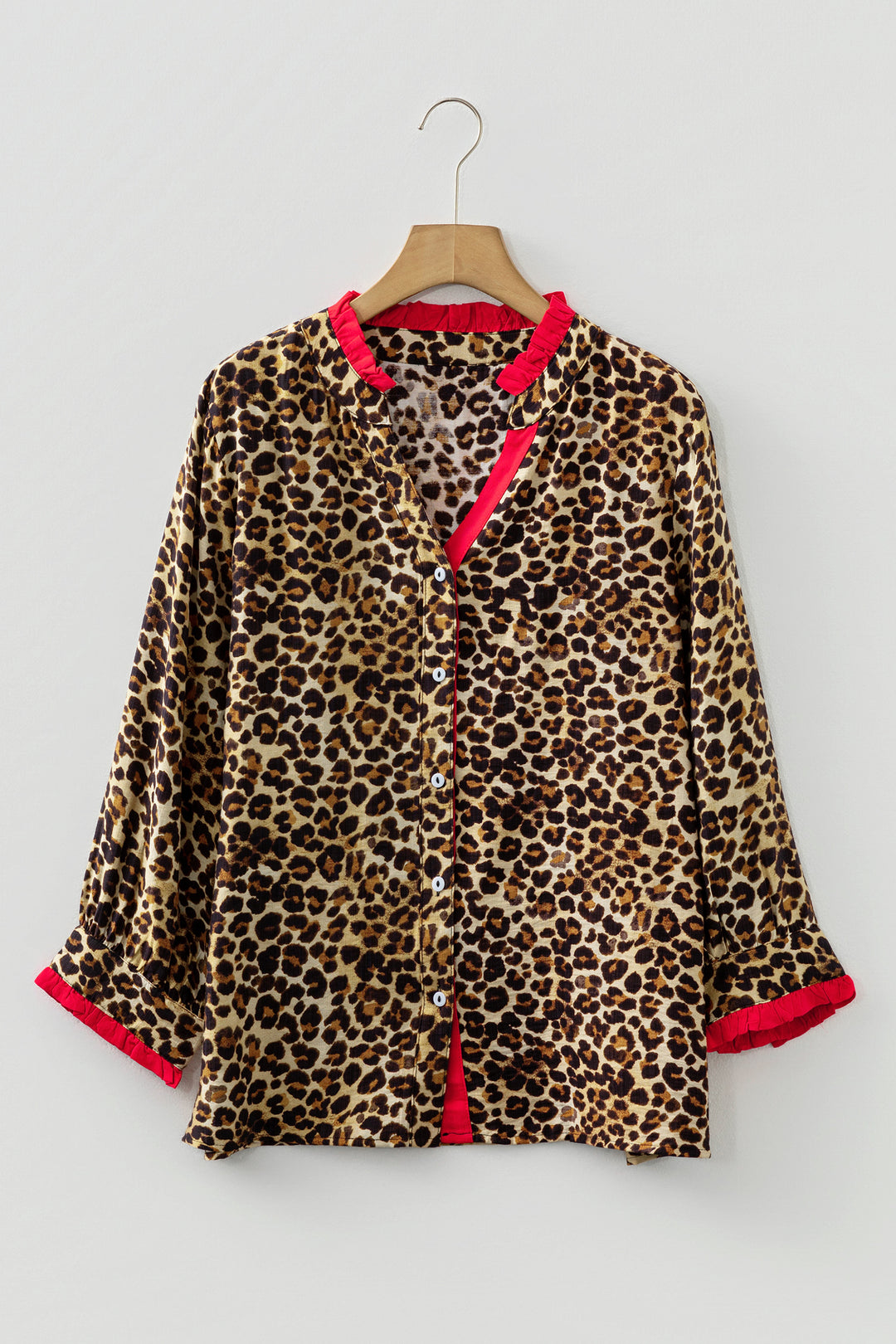 Brown Fierce Leopard Allure Contrast Ruffle Trim V Neck Shirt
