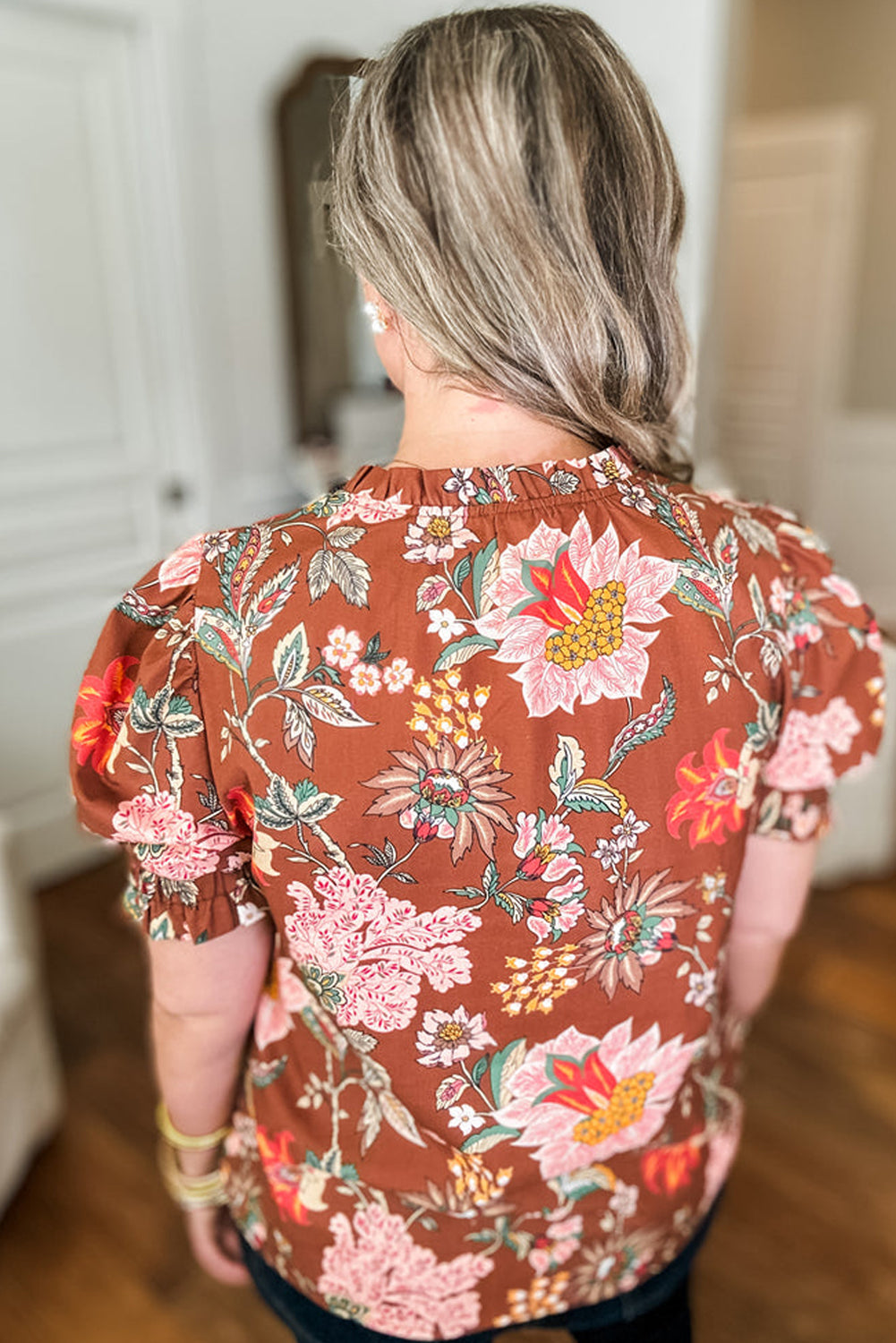 Brown Floral Stitched V Neck Frilled Trim Puff Short Sleeve Blouse