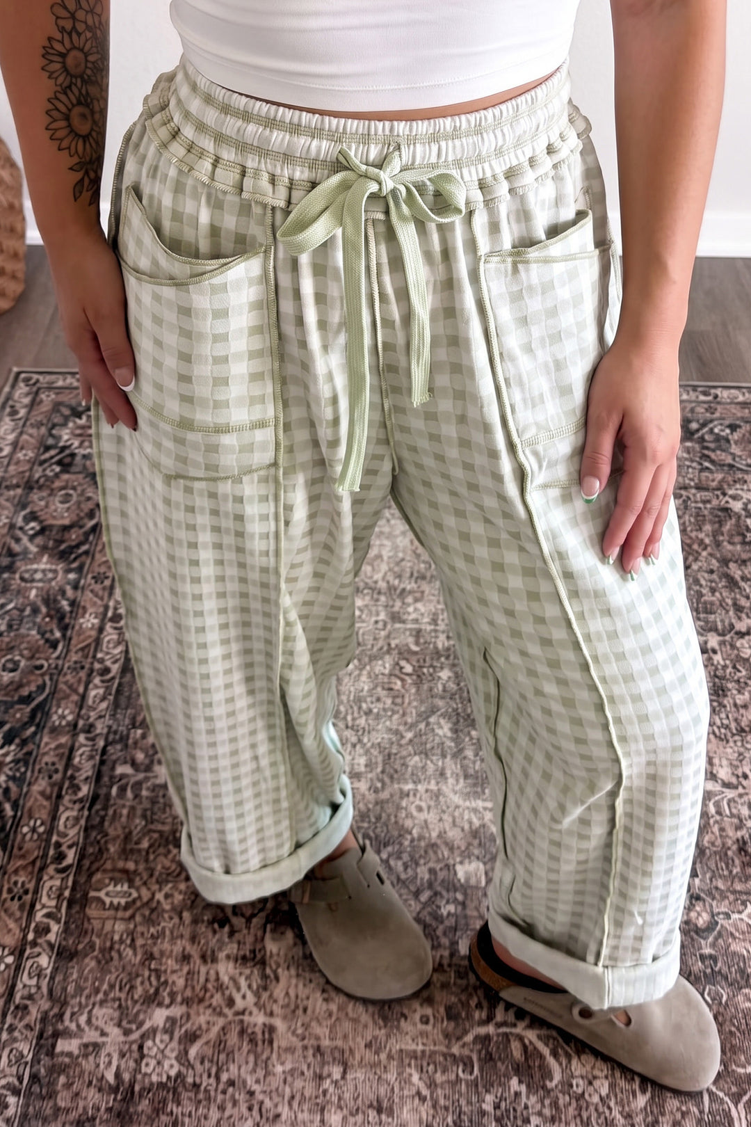 Green Plaid Contrast Trim Drawstring Elastic Waist Shift Pants