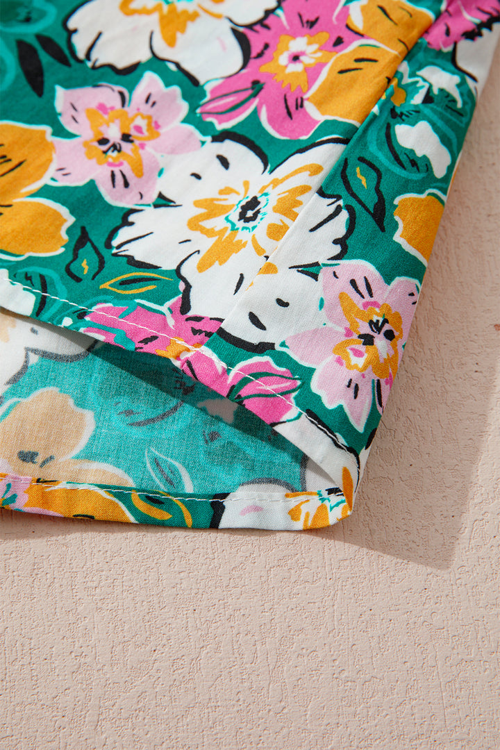 Green Floral Print Contrast Trim Frilled V Neck 3/4 Sleeve Blouse