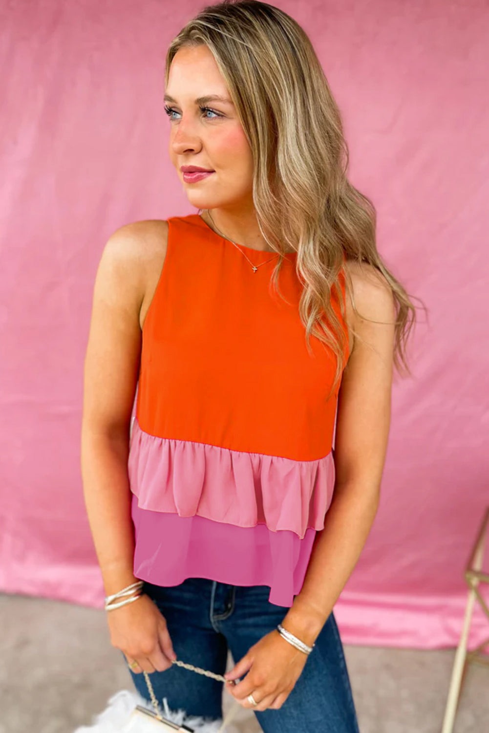 Orange Colorblock Tiered Hem Tank Top