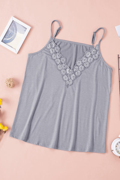 Gray Lace Splicing V Neck Cami Top