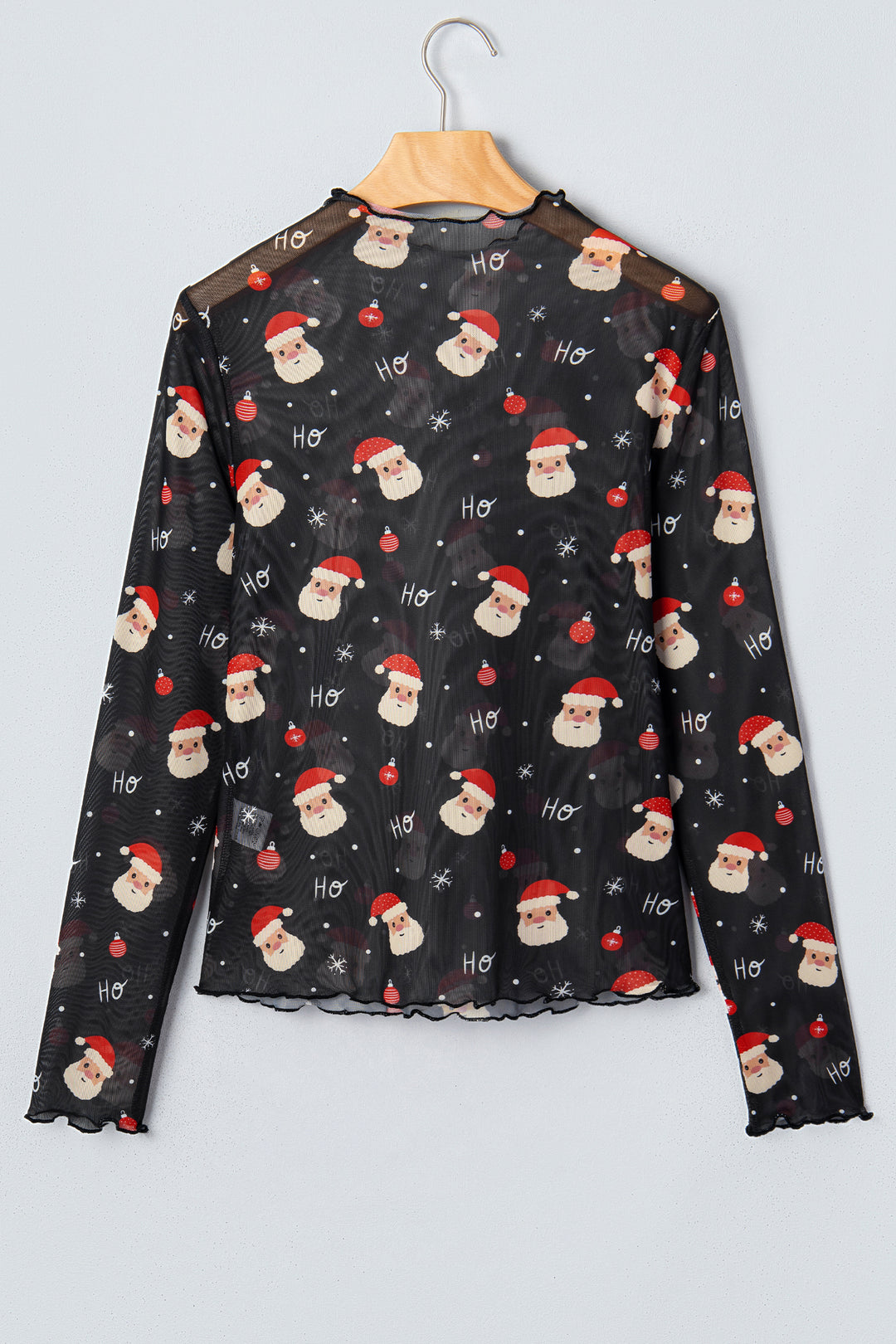 Black Santa Print Sheer Stand Neck Long Sleeve Top