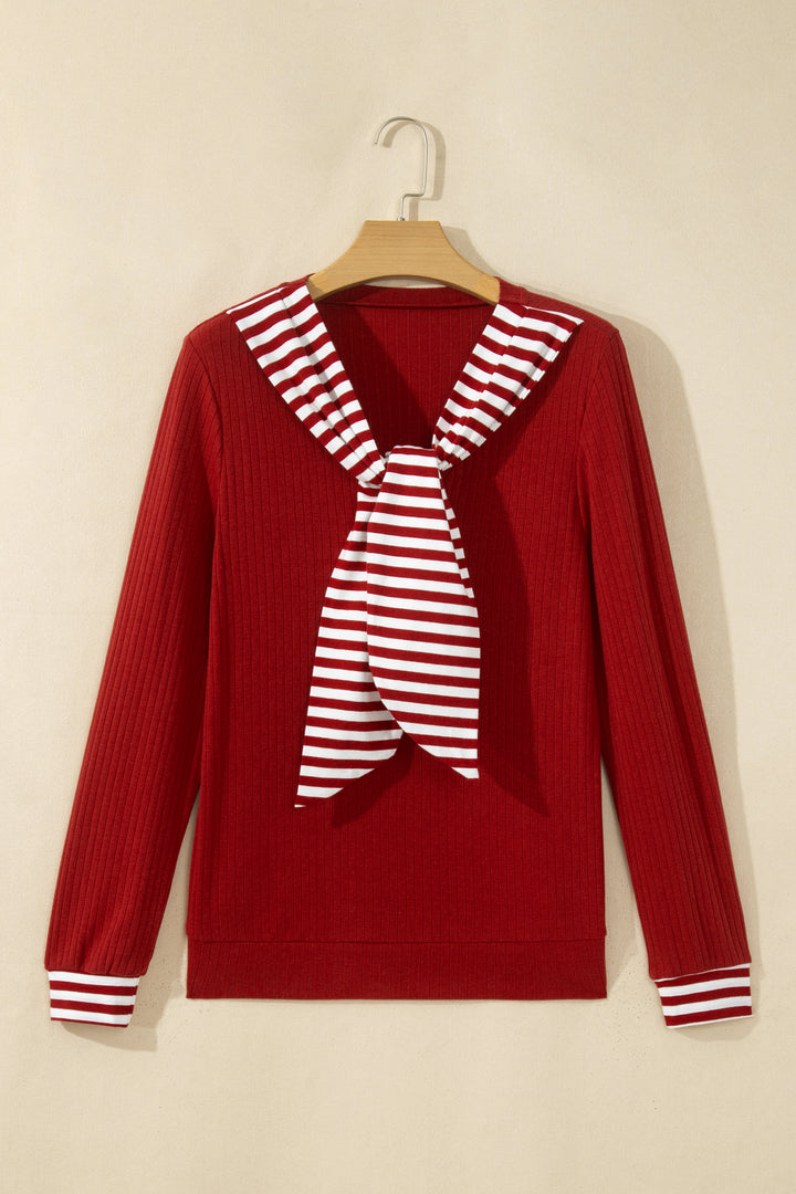 Red Dahlia Striped Contrast Tie Collar Cuffed Casual Long Sleeve Top