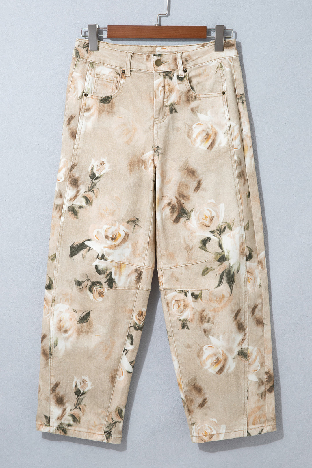 Khaki Retro Floral Print Relaxed Barrel Jeans
