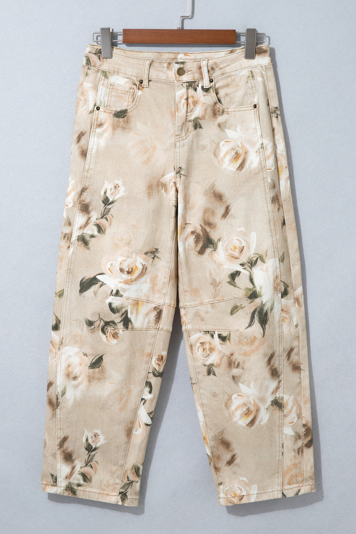 Khaki Retro Floral Print Relaxed Barrel Jeans