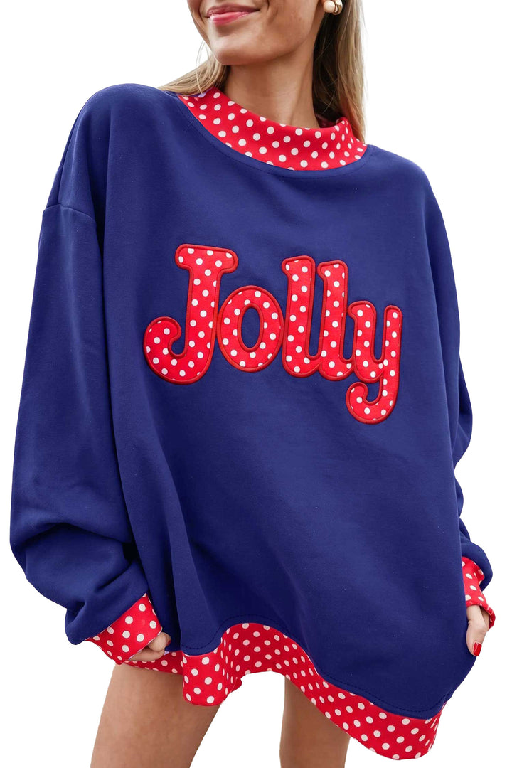 Fiery Red Polka Dot Letter Print Contrast Trim Mock Neck Sweatshirt
