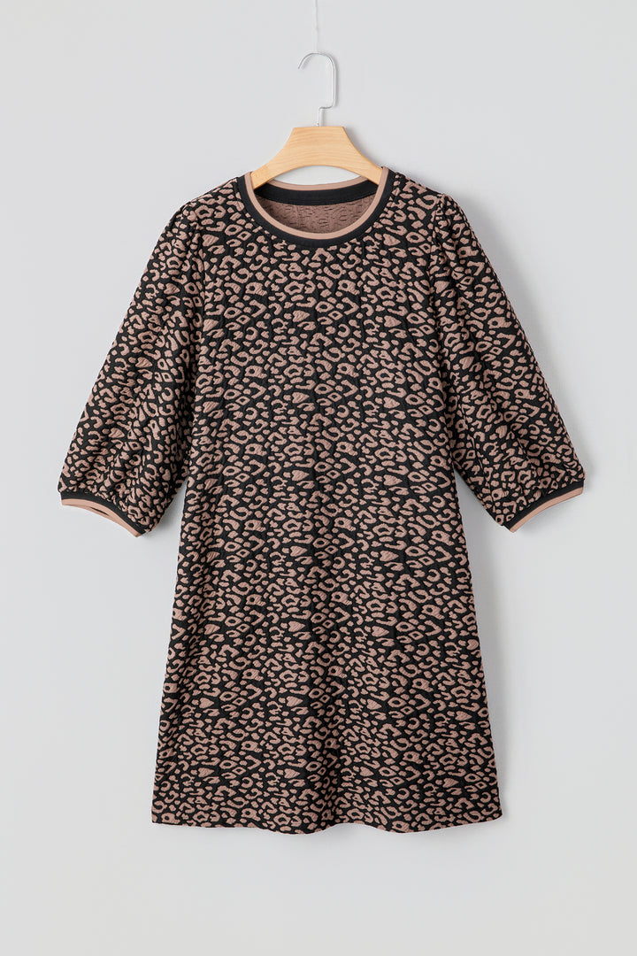 Black Leopard Print Bubble Sleeve Shift Mini Dress