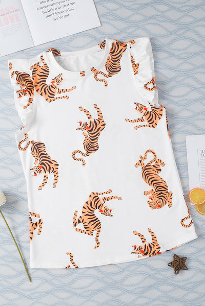 White Tiger Print Flutter Sleeve Crew Neck Blouse