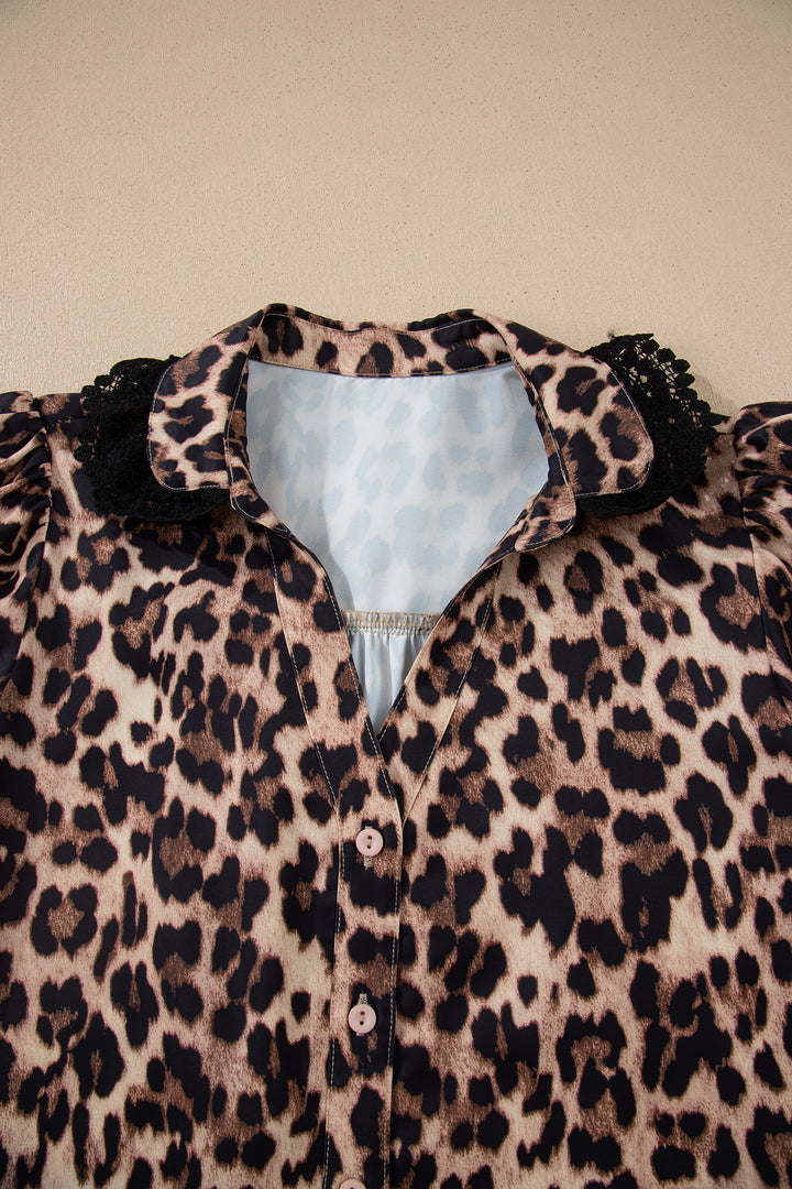 Brown Leopard Print Button Down Lace Trim Short Sleeve Shirt