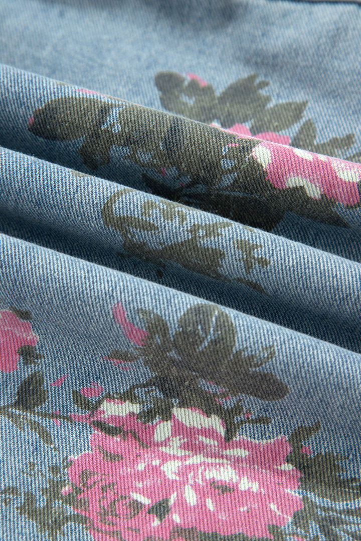 Sky Blue Floral Print Raw Seam Ruffle Hem Denim Jacket