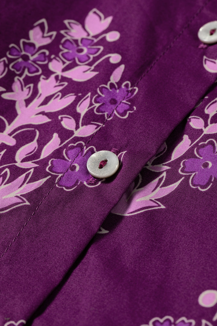 Purple Floral Print Button-Up Long Puff Sleeve Loose Shirt