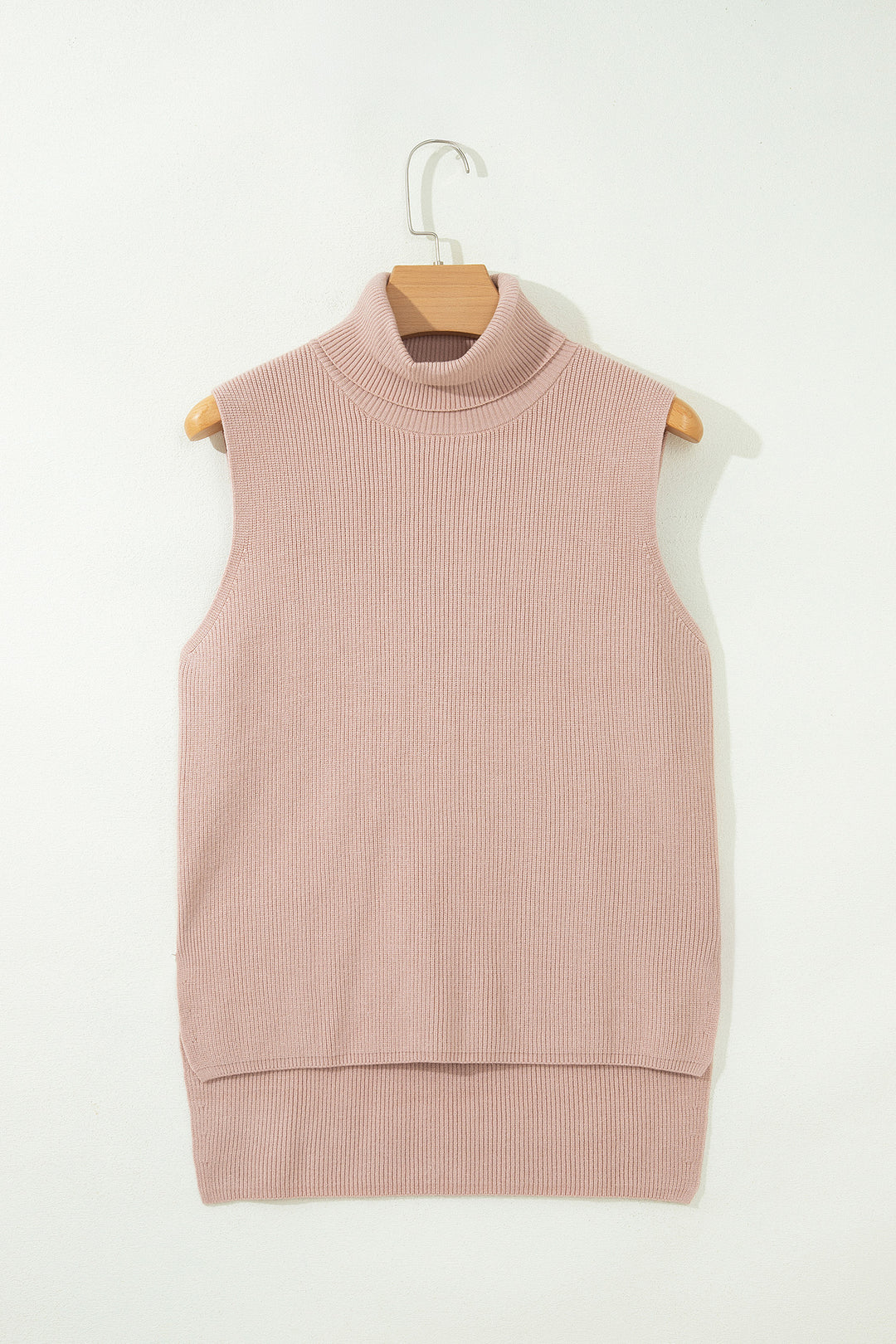 Light French Beige Sleeveless High Neck Knit Split Hem Shift Silhouette Wool Sweater Vest
