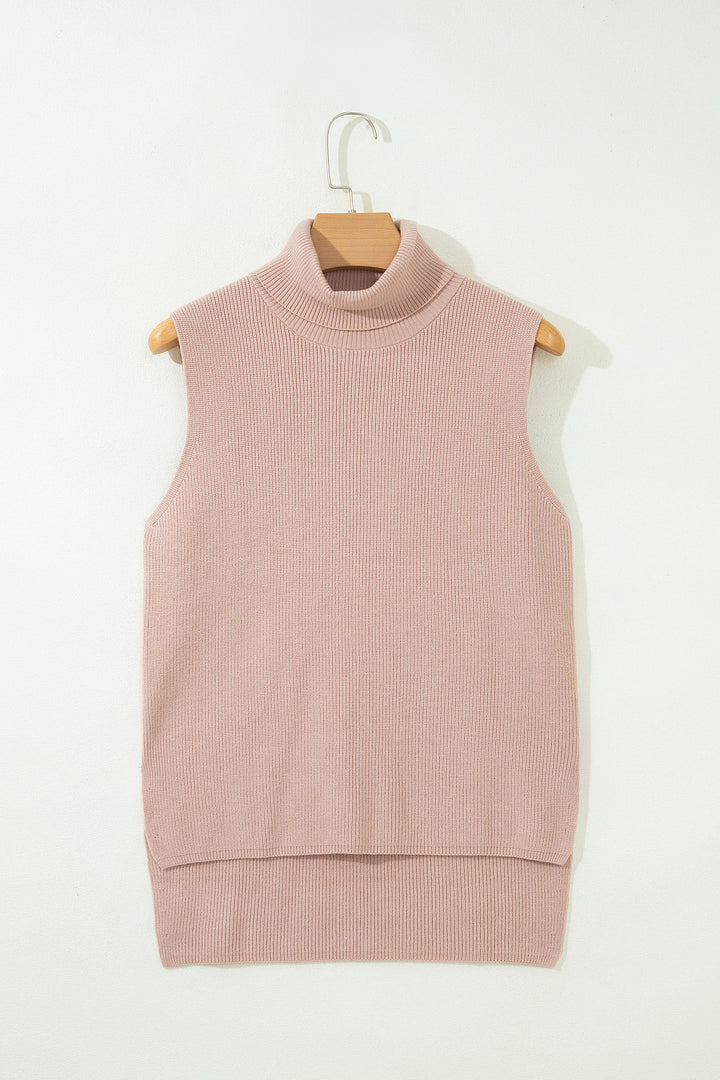 Light French Beige Sleeveless High Neck Knit Split Hem Shift Silhouette Wool Sweater Vest