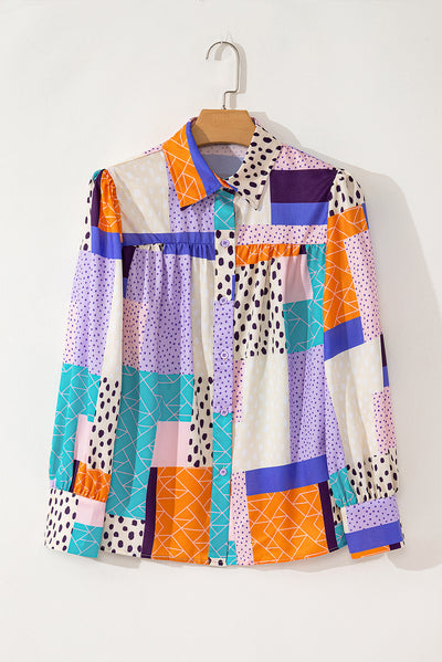 Multicolor Mixed Print Button Front Cuffed Sleeve Shirt